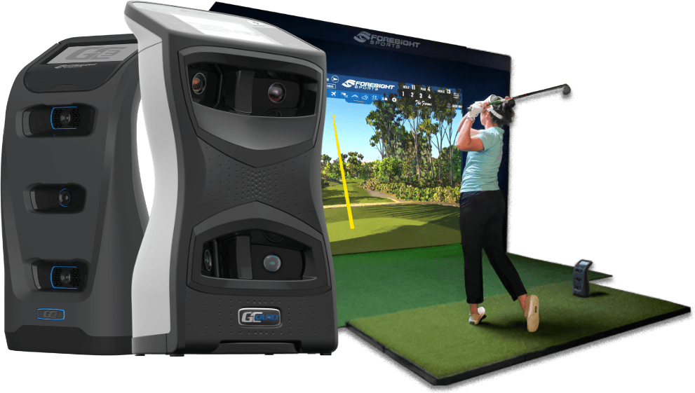Woman hitting golf ball in golf simulator flanked by oversized GCQuad and GC3 launch monitors