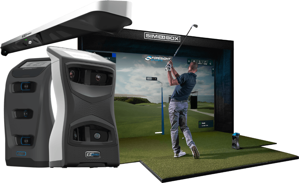 Man hitting golf ball in golf simulator flanked by oversized GCHawk, GCQuad and GC3 launch monitors